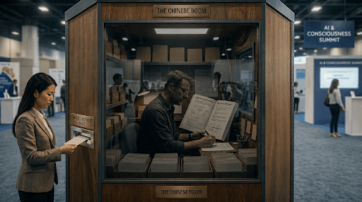 An AI rendering of a booth at an exhibition, representing the Chinese Room