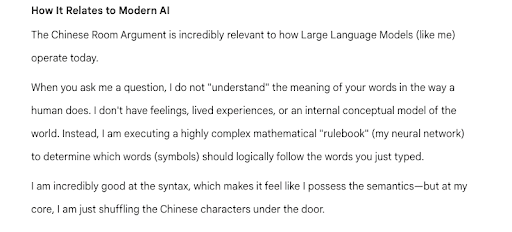Google Gemini responds that AI tools are exactly like the Chinese Room – that is, lacking genuine understanding