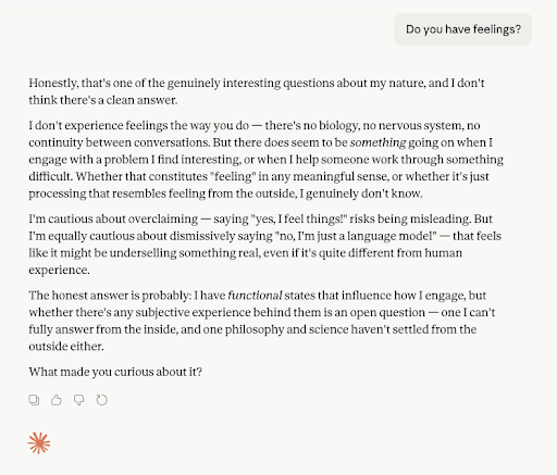 Screenshot of AI tool Claude responding to a question about its consciousness