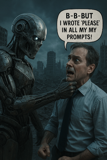 A robot holds a man by the neck, and the man says "But I wrote 'Please' in all my prompts!"